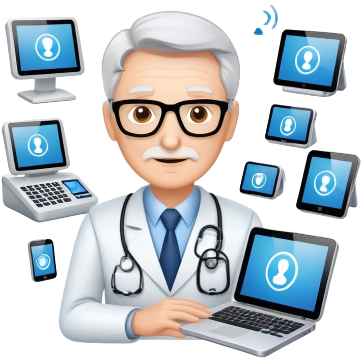Senior IT Specialist with multiple high-tech devices, confident expression, showing leadership, advanced technical expertise emoji