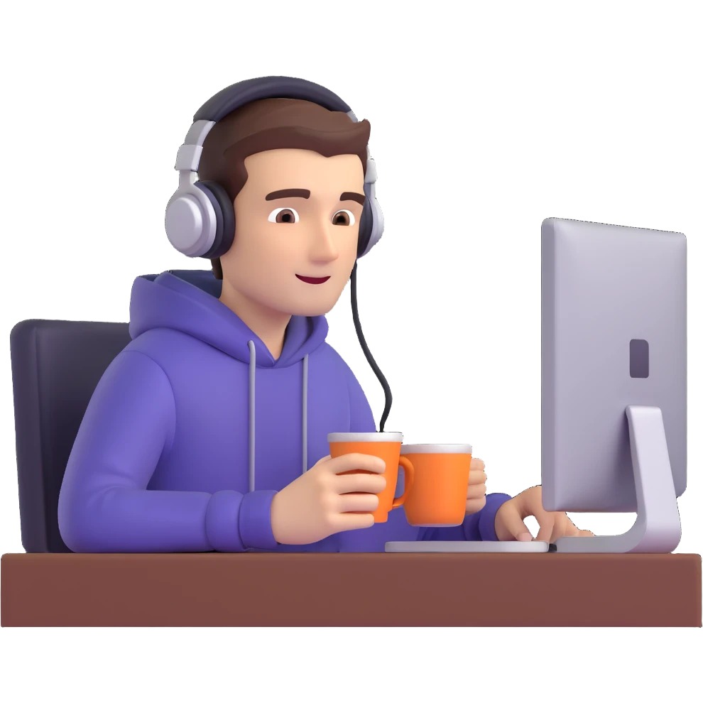 emoji ios 18, guy in headphones at computer, drinking coffee emoji