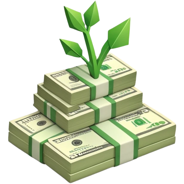 upward arrow next to a growing stack of cash money bills, financial growth emoji