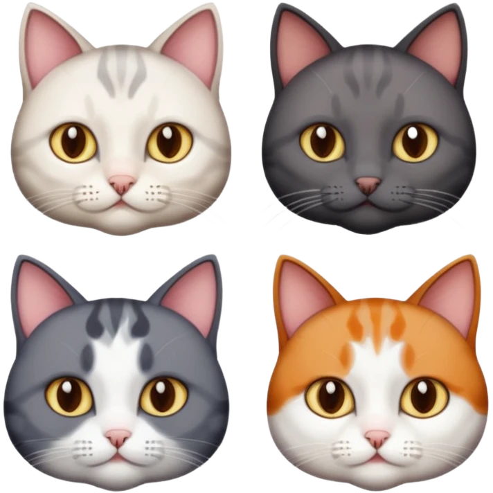 4 different coloured short haired cats including; a dark brown and white cat, and a dark grey and white  emoji