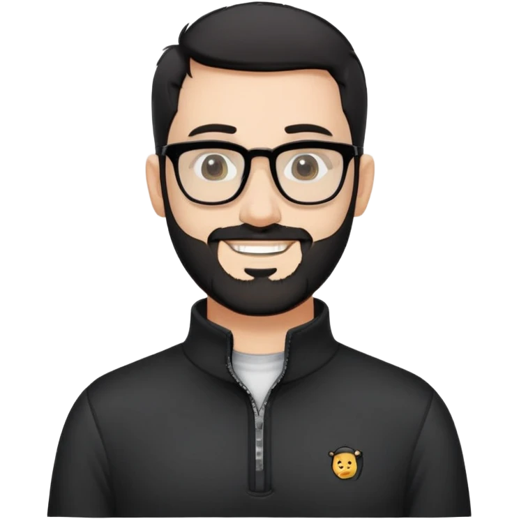 Fair-skinned man with very short buzzed black hair, short distinctly salt and pepper beard, large black-framed glasses, smiling, wearing black long sleeve quarter-zip shirt with visible zipper at collar emoji