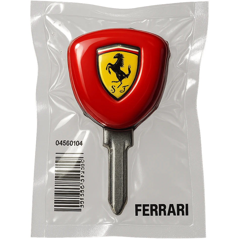 classic Ferrari key, red, with yellow Ferrari shield logo, shiny and inflated emoji