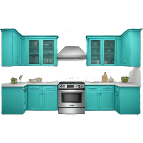 Realistic front facing turquoise kitchen with counter and hanging cabinets.  emoji