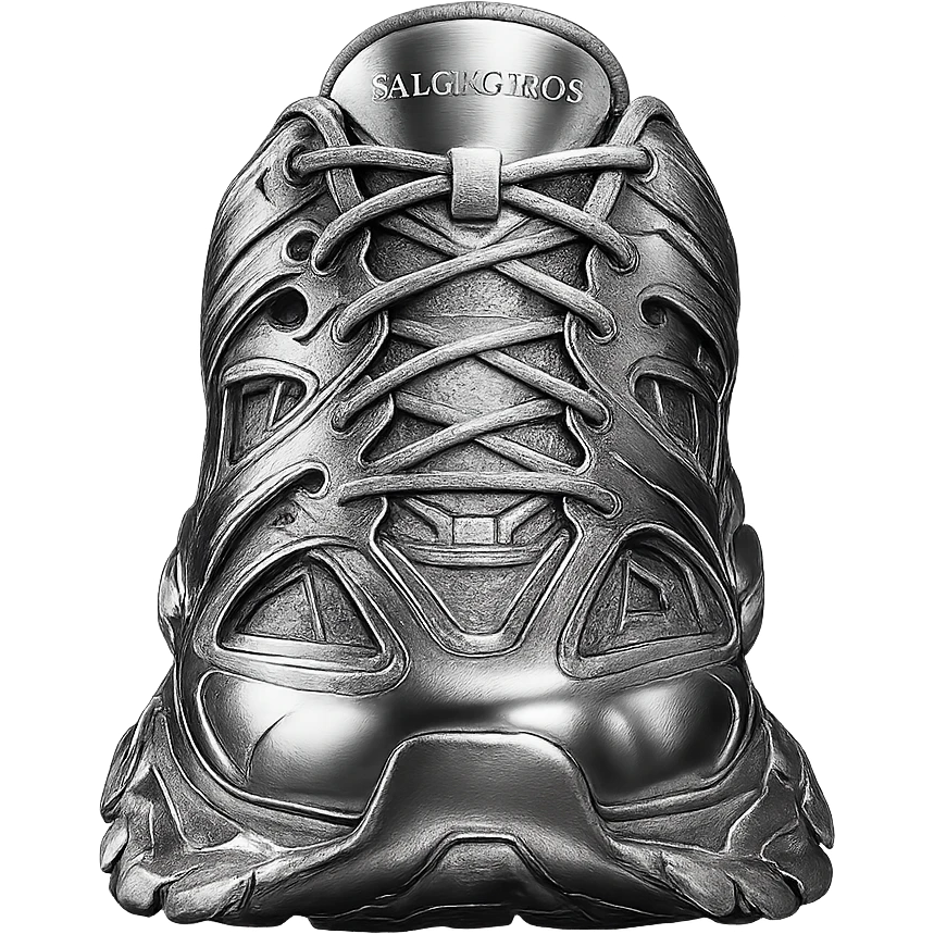 Balenciaga Track sneaker, front view, chrome style, shiny and futuristic, simple background emoji