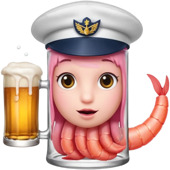 Genérame un camarón con tu tarro en mano de cerveza moderna, asomándose or un costado con cara de curiosidad  emoji