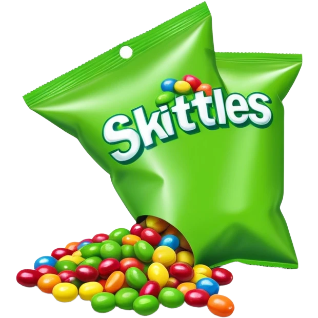 Regular colorful rainbow Skittles candy package spilling only green round candies, standard colorful Skittles packaging with only green Skittles coming out emoji