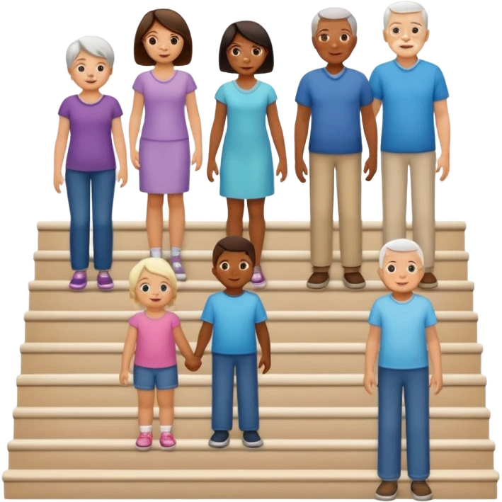 People of different stages of life standing each on different stair - infant, toddler, child, teenager, adult, Middle-aged and elderly emoji