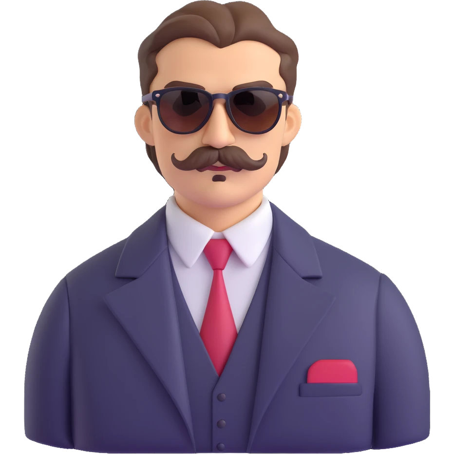 slicked-back brown haired man with a thick mustache, wearing sunglasses, looking like a mafia boss, stylish and confident emoji