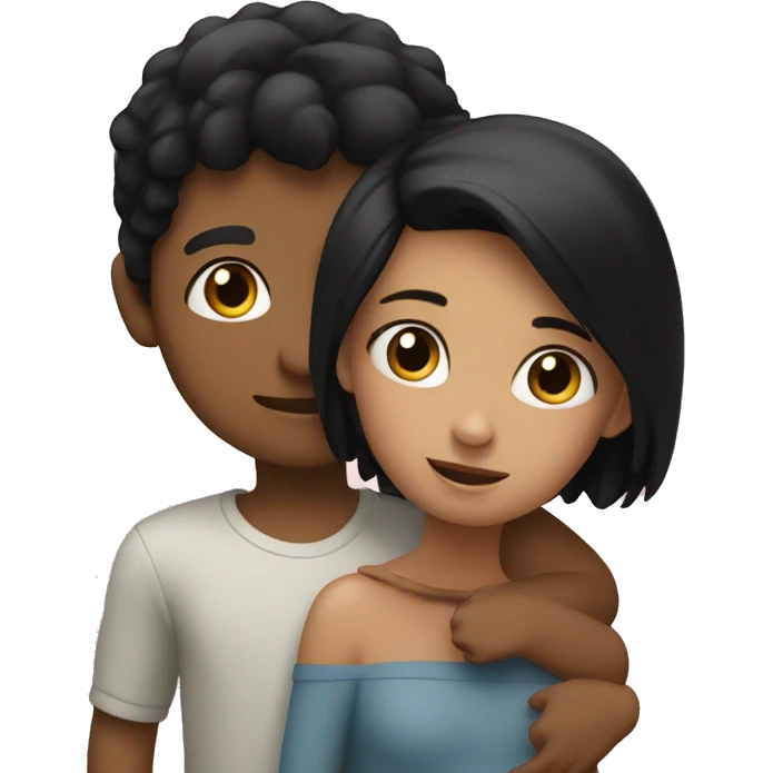 A girl with black hair hugs a little boy with blond hair emoji