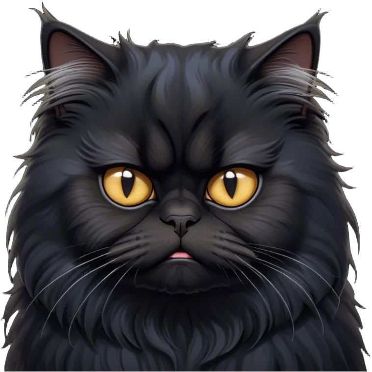 Cinematic Grumpy Frazzled Black Persian Cat Portrait Emoji, Head tilted with an exaggeratedly grumpy expression, fluffy black fur with hints of silver and deep undertones, Simplified yet hilariously frazzled features with large, expressive eyes, highly detailed, glowing with a warm but irritated glow, high shine, a mix of annoyed and disheveled, stylized with a touch of humor, bright but with a completely frazzled and grumpy face, soft glowing outline, capturing the essence of a quirky yet grumpy kitty, so endearing it feels like it could leap out of the screen and demand attention with its wonderfully grumpy, frazzled charm! emoji