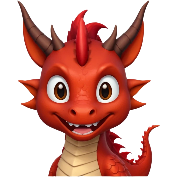 Cute Red dragon smile.  dark horns, pointed ears. Brown mane hair. Head only, Headshot emoji