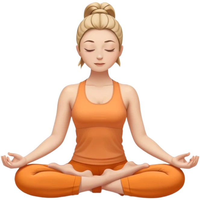 white woman with neat ponytail hairstyle, sitting in lotus position, meditating with closed eyes and serene expression, wearing light orange yoga outfit emoji