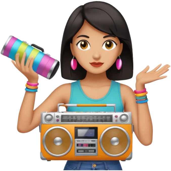 dar hair woman holding colorful boombox emoji