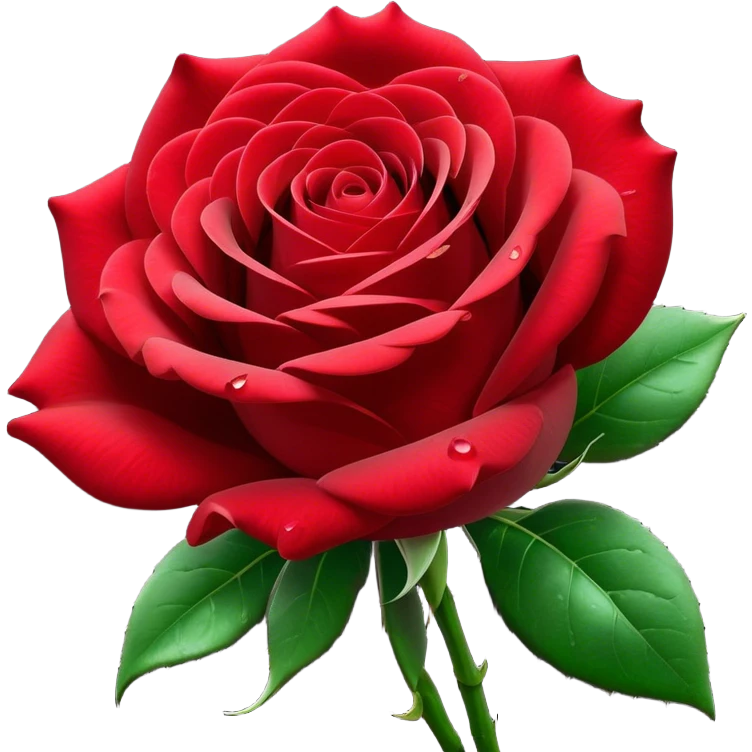 Cinematic Realistic Rose Emoji, Elegant and full of grace, with velvety, deep red petals unfurling in a perfect bloom, dew drops glistening on the soft edges, and a faint fragrance hanging in the air. The lush green leaves surround the stem, creating a vibrant contrast to the rich color of the petals. Soft glowing outline, capturing the essence of timeless beauty and romance in a single bloom. emoji