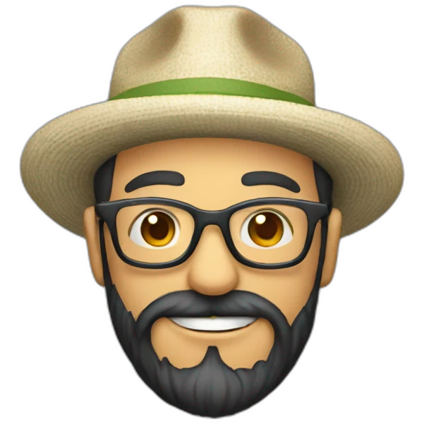 happy gardener face long dark beard and short dark hair with little transparent glasses and a hat emoji