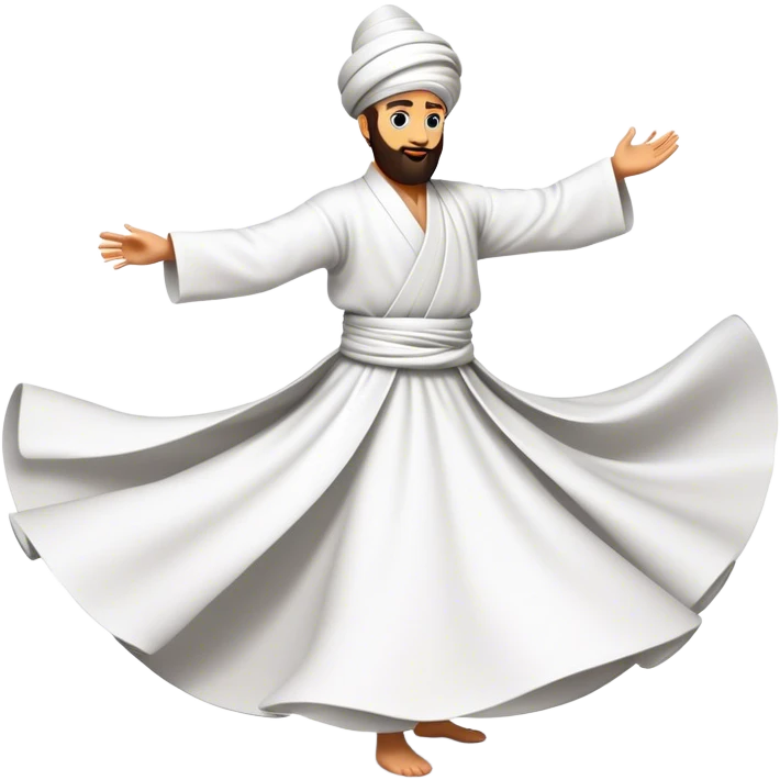Cinematic Realistic Whirling Dervish Dance Emoji, depicted as a mesmerizing traditional Sufi dance scene with flowing robes and dynamic movement, rendered with vibrant textures and swirling mystical lighting that captures its spiritual energy. emoji