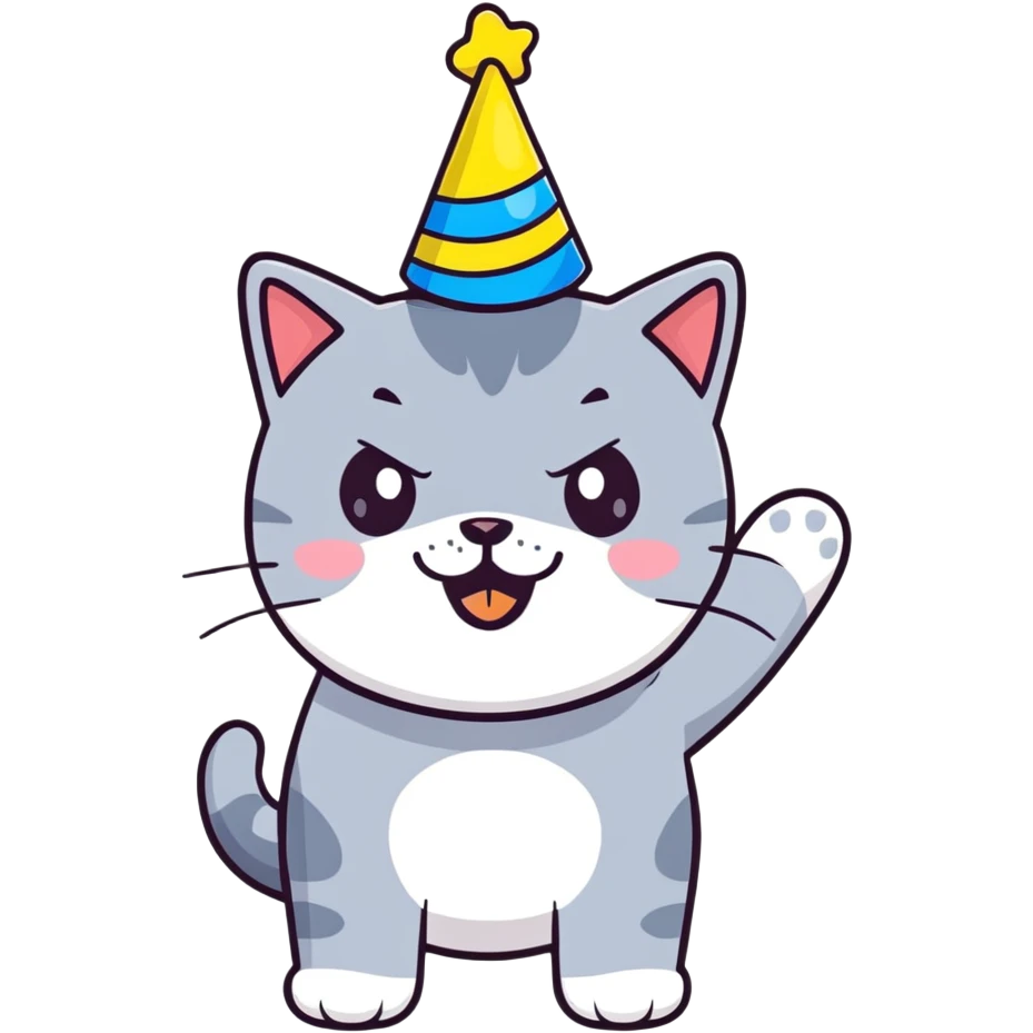 Joyful British shorthair blue cat with excited expression wearing a party birthday hat emoji