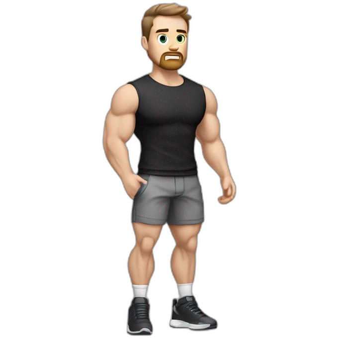 Confused Pale skinned Fit Man With the biceps and dark brown hair in black shirt, gray sports shorts and white Sneakers emoji