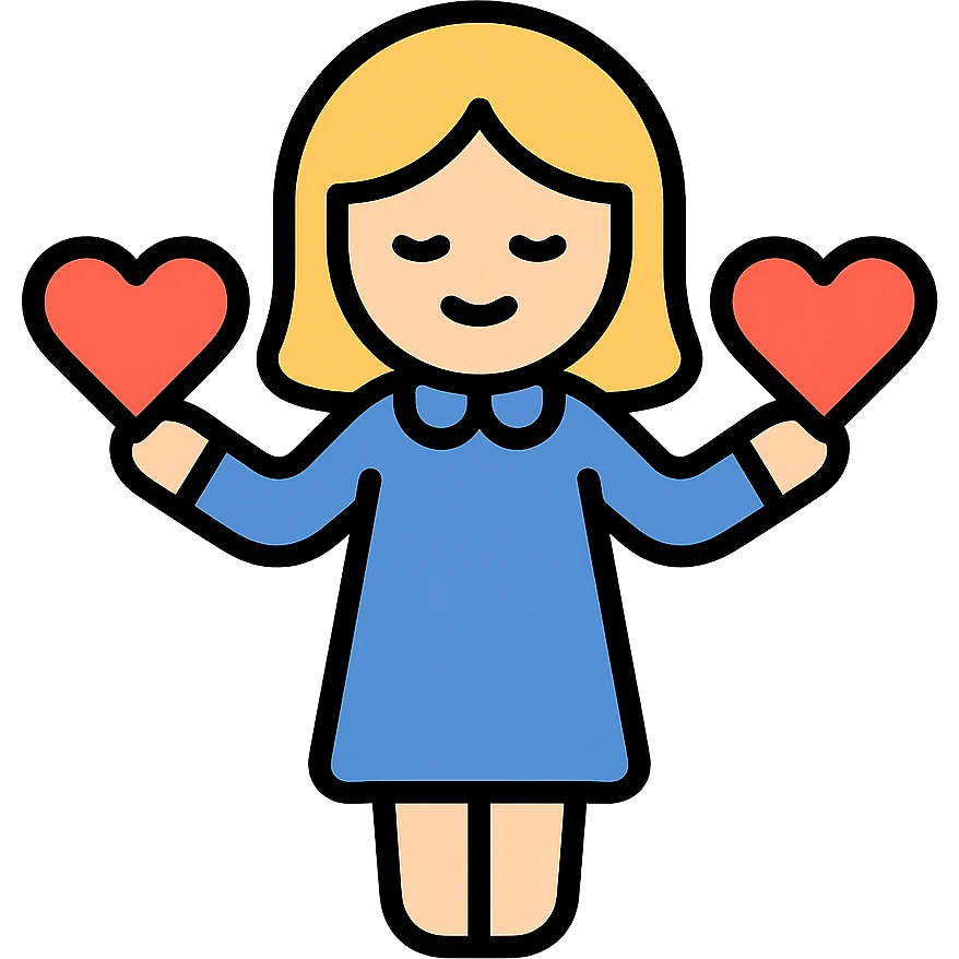 teacher with blond hair, wearing a dress, holding red hearts, white background emoji
