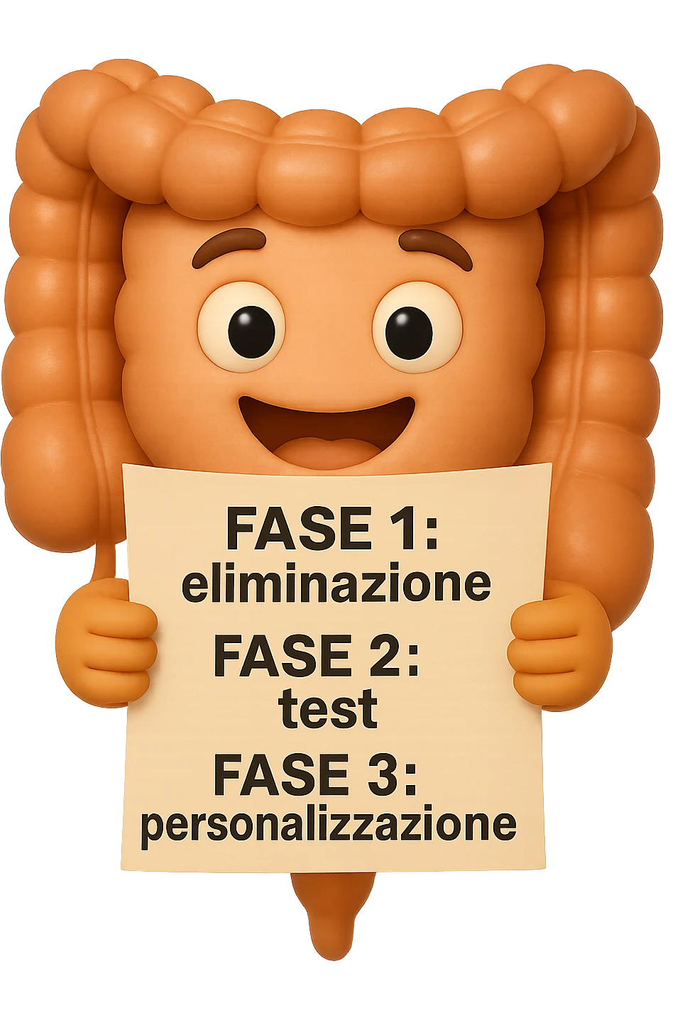 emoji stile iphone 3d di un intestino che tiene in mano un foglio con la scritta "FASE 1: eliminazione, FASE 2: test, FASE 3: personalizzazione, IPERREALISTICO 4K emoji