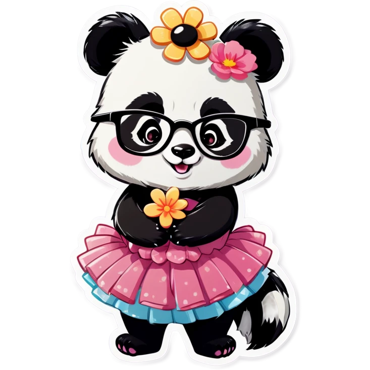  Cute female Panda wearing a tutu and glasses with a flower above 1 ear hugging a large male raccoon  emoji