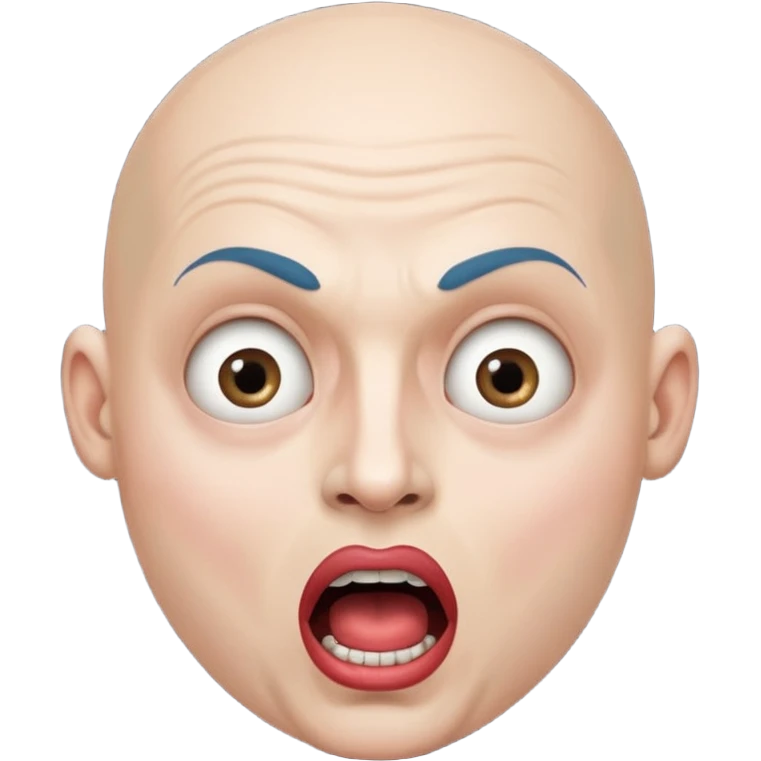 a bald cabaret actor with a white, dry, long, made-up face and heavily made-up eyes and mouth, a huge, wide-open mouth and a startled look emoji