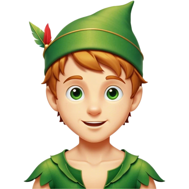 Cinematic Realistic Peter Pan Portrait, head tilted dramatically with an exaggeratedly amused expression, featuring sparkling eyes filled with playful mischief. His iconic outfit is rendered in vivid detail with dynamic shadows, capturing the delightful interplay of bravery and whimsy that defines his timeless character. emoji