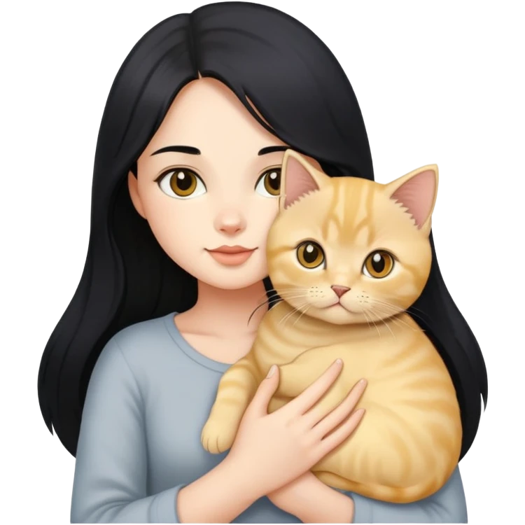 Beautiful girl with long black hair holding a cute golden British shorthair kitten in her arms emoji