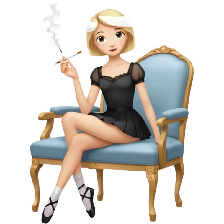 blonde, short-haired ballerina in a white English blouse, experienced with a sly look, has put her long legs on a chair in front of her, has a knee-length skirt, smokes emoji
