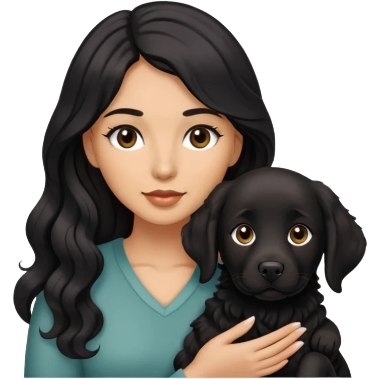 woman with olive skin, brown eyes and long lashes, and long black wavy hair holding all black labrador emoji