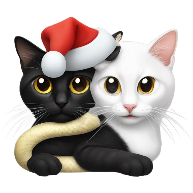 snake on a black and white cat, both wearing santa hats emoji