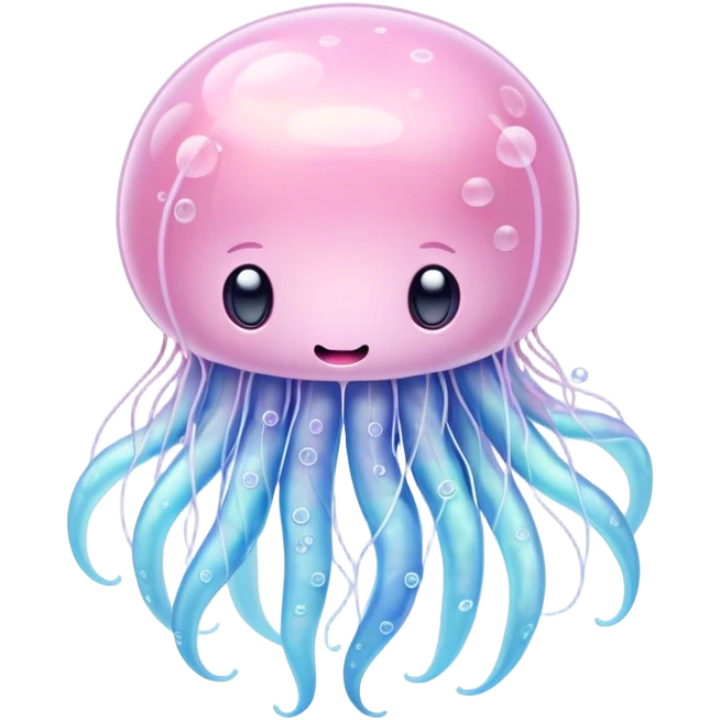 Cinematic floating kawaii jellyfish, tiny round body, soft glowing tentacles, pastel pink and blue hues, delicate sparkling highlights, dreamy and adorable. emoji