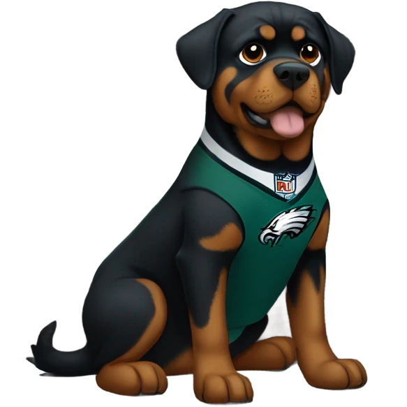 Rotweiler wearing Philadelphia Eagles jersey while sitting on a bed  emoji