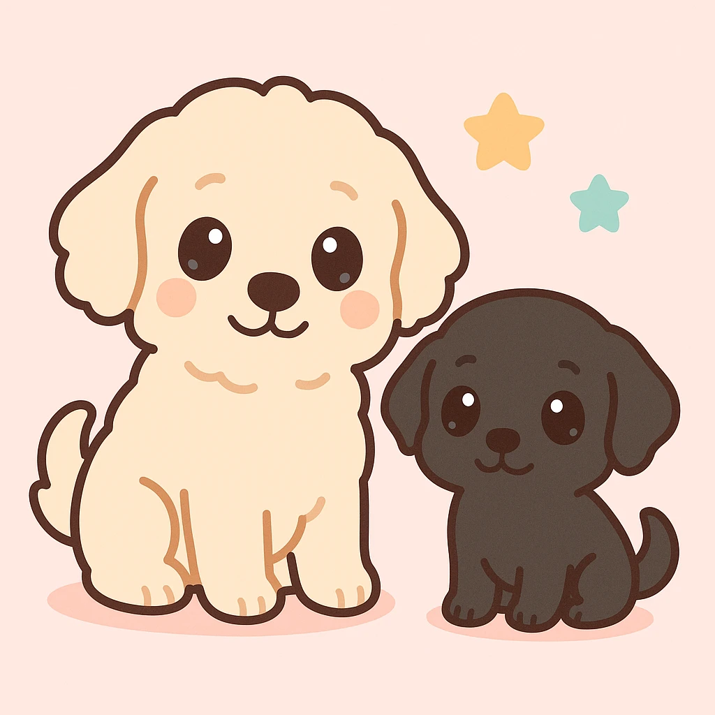 large light cream colored goldendoodle and a small black golden retriever, chibi style, cute, adorable, big eyes emoji