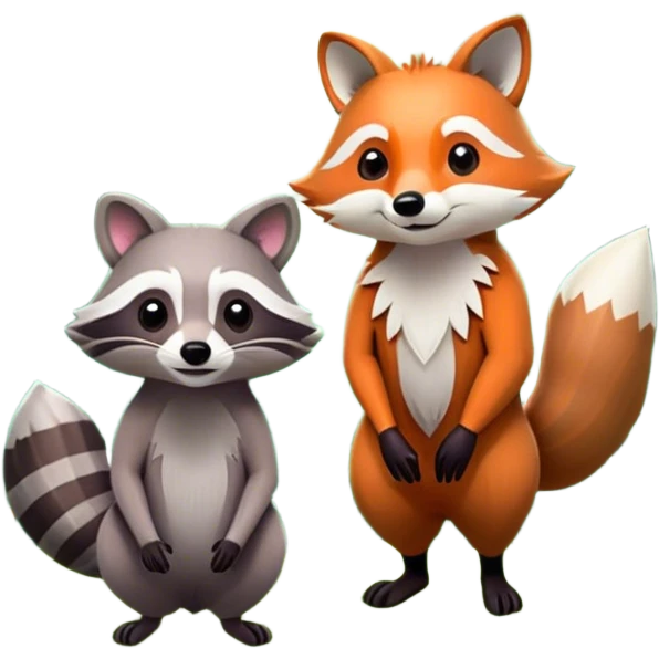 Collage of a raccoon and a fox, in close-up, set in a beautiful forest with tall trees, green bushes, and sunlight filtering through the leaves and flowers. A vibrant, wild atmosphere with a transparent background. emoji