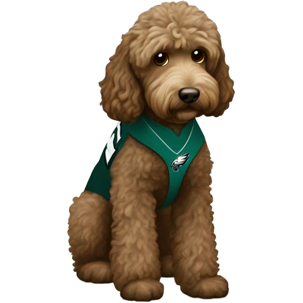 brown Labradoodle wearing a Philadelphia eagles shirt emoji