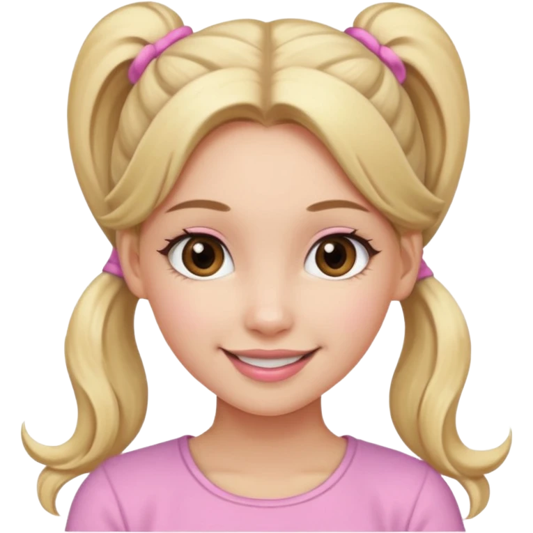 a cute woman is smiling, her hair is long, blonde and two ponytails, her eyes color are brown and the color of her lip is soft pink emoji
