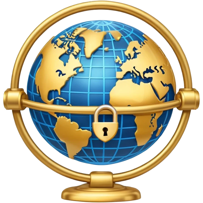 A secure network icon with shield and lock protecting a globe with network connections emoji
