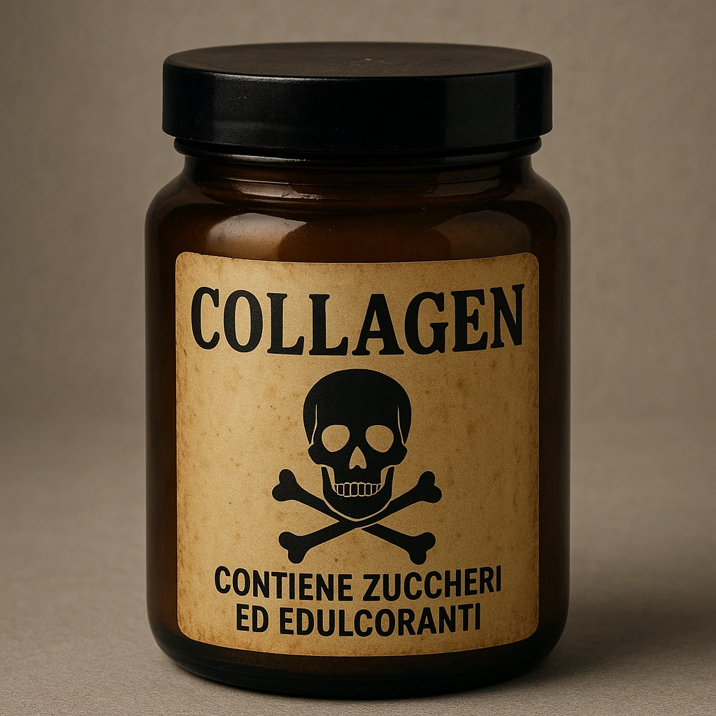 realistic collagen jar seen as poison, Italian label 'Contiene zuccheri ed edulcoranti', toxic symbol, threatening atmosphere, neutral background emoji