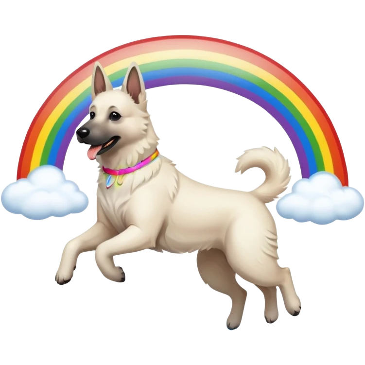 White belgian Shepard jumping over Rain puddles. There is a rainbow in the sky emoji