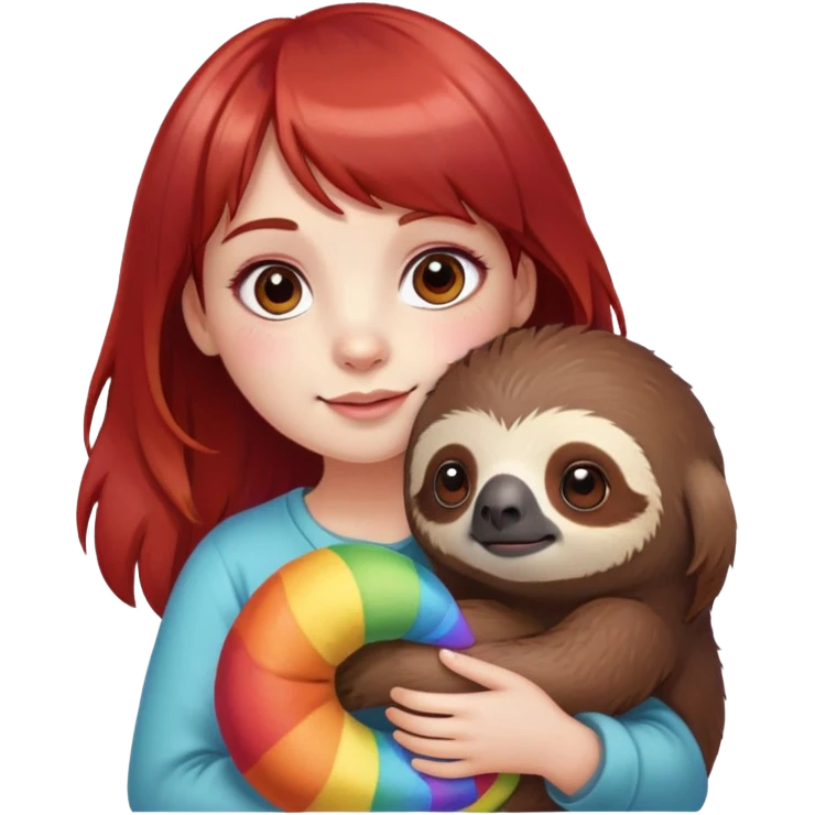 Cute girl with dark brown hair and red bangs holding a rainbow sloth stuffed animal  emoji