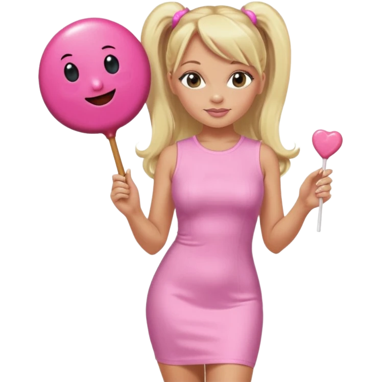 Emma Bunton with long blonde ponytails wearing light pink bodycon dress holding a lollipop emoji