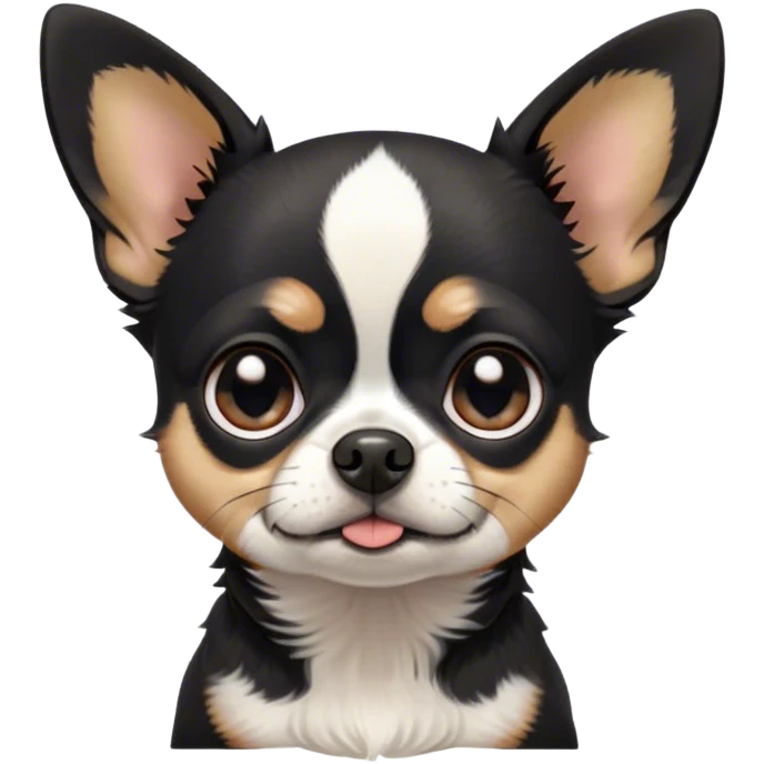 Cinematic Grumpy Black Tri Short Haired Chihuahua Portrait Emoji, Head tilted slightly with a deeply unimpressed expression, thick black tri-color fur with prominent white and tan patches, large, droopy dark eyes narrowed into an unamused glare, ears slightly drooping in exasperation, Simplified yet comically expressive features, highly detailed, glowing with a dry, sarcastic glow, high shine, effortlessly judgmental yet dignified, stylized with a touch of cynicism, bright but brooding, soft glowing outline, capturing the essence of an eternally unimpressed yet endearing pup, so lifelike it feels like it could sigh heavily at you in disdain at any moment! emoji
