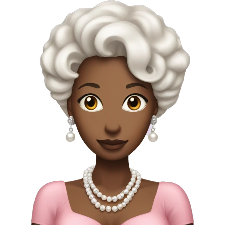 Black woman with white coily hair and silver eyes. Wearing a pearl necklaces and earrings with a pink dress adorned in pearls are sea shells emoji