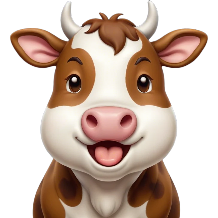 Cinematic Cute Yawning Brown and White Cow Portrait Emoji, Head tilted slightly with a dramatic, wide-open yawn, showcasing a smooth, patterned hide of brown and white, floppy ears slightly drooping, round brown eyes barely open in drowsy contentment, Simplified yet irresistibly adorable features, highly detailed, glowing with a soft, cozy glow, high shine, relaxed yet expressive, stylized with a touch of pastoral whimsy, bright and endearing, soft glowing outline, capturing the essence of a sleepy yet affectionate cow, so drowsy it feels like it could amble out of the screen and curl up for a nap! emoji