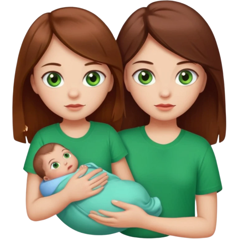 a girl with brown strait hair and has baby green eyes has a red t-shirt no baby emoji