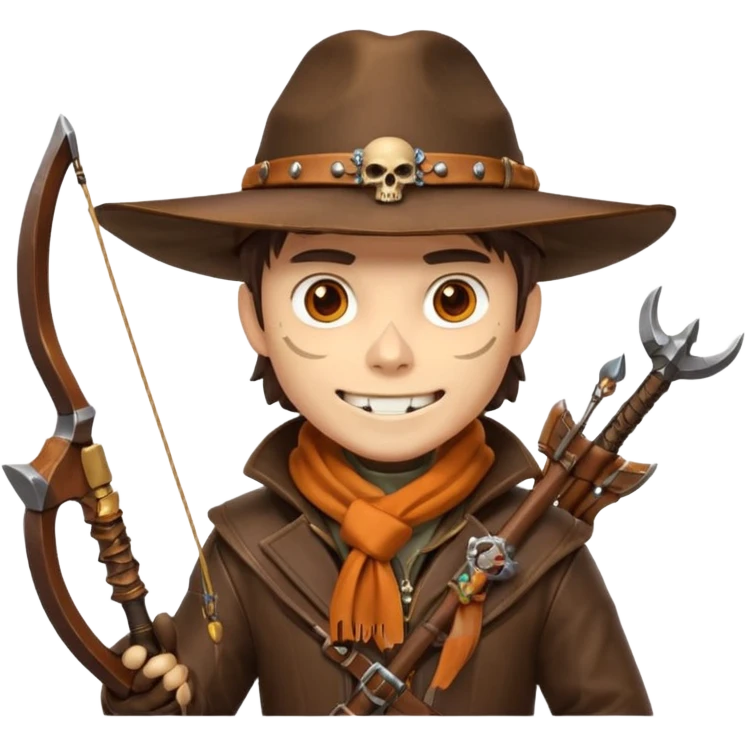 male human monster hunter emoji, wearing brown leather coat and wide hat, holding crossbow, with amulet shaped like skull, Halloween fantasy theme, confident smile, orange scarf, Apple emoji style, clean white background, square image emoji