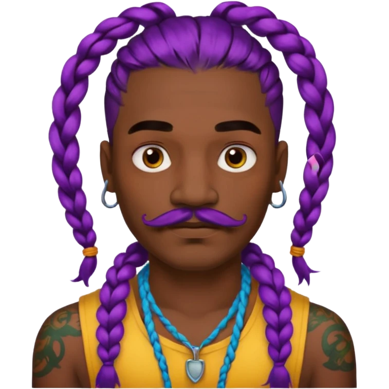 big lose braids starting from the top of the head man with mustache face wiith big visible loose only two braids and lots and lots of colored face tattoos colored tattoos like a tattoo artist hair unique color emoji
