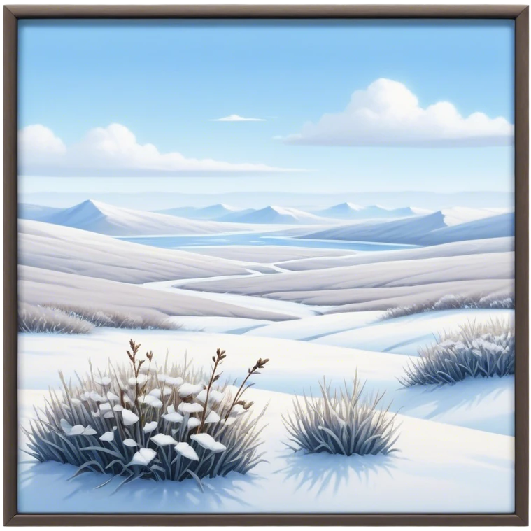 Cinematic Realistic Tundra Emoji in a wooden frame, Vast and cold, with wide expanses of snow-covered ground, sparse grasses poking through, and the occasional hardy shrub breaking up the pale white landscape. The sky above is a pale, frosty blue, and the light reflects off the snow, creating a serene yet starkly beautiful environment. Soft glowing outline, capturing the essence of a quiet, still, frozen wilderness where life endures despite the harsh conditions. emoji