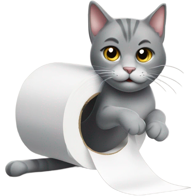grey cat playing with roll of toilet paper emoji